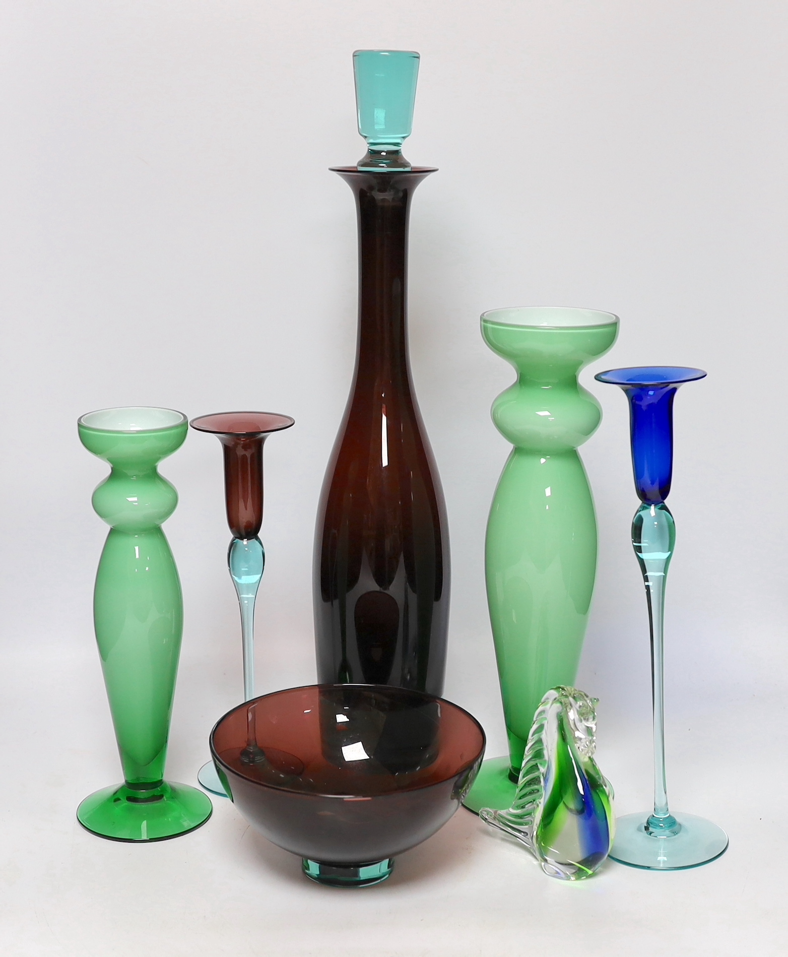 A quantity of various glass to include a Royal Copenhagen Harlekin glass decanter, two candlesticks, another pair of candlesticks, a bowl etc.